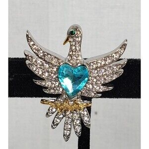 Stainless Steel 316L Falcon Bird Crystal Aquamarine Heart Brooch
